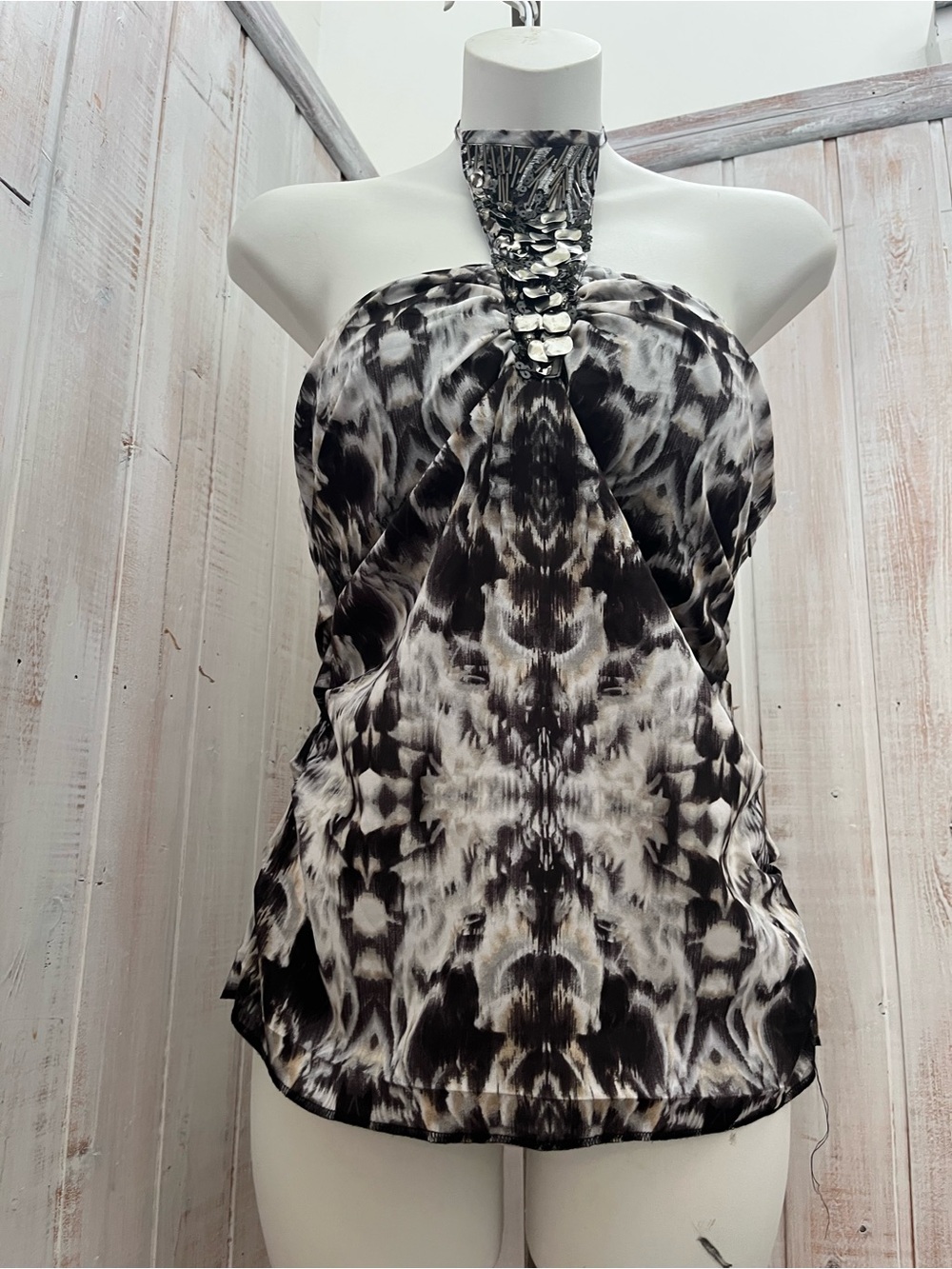 bebe Black & White Halter Camisole with Jeweled Neck
